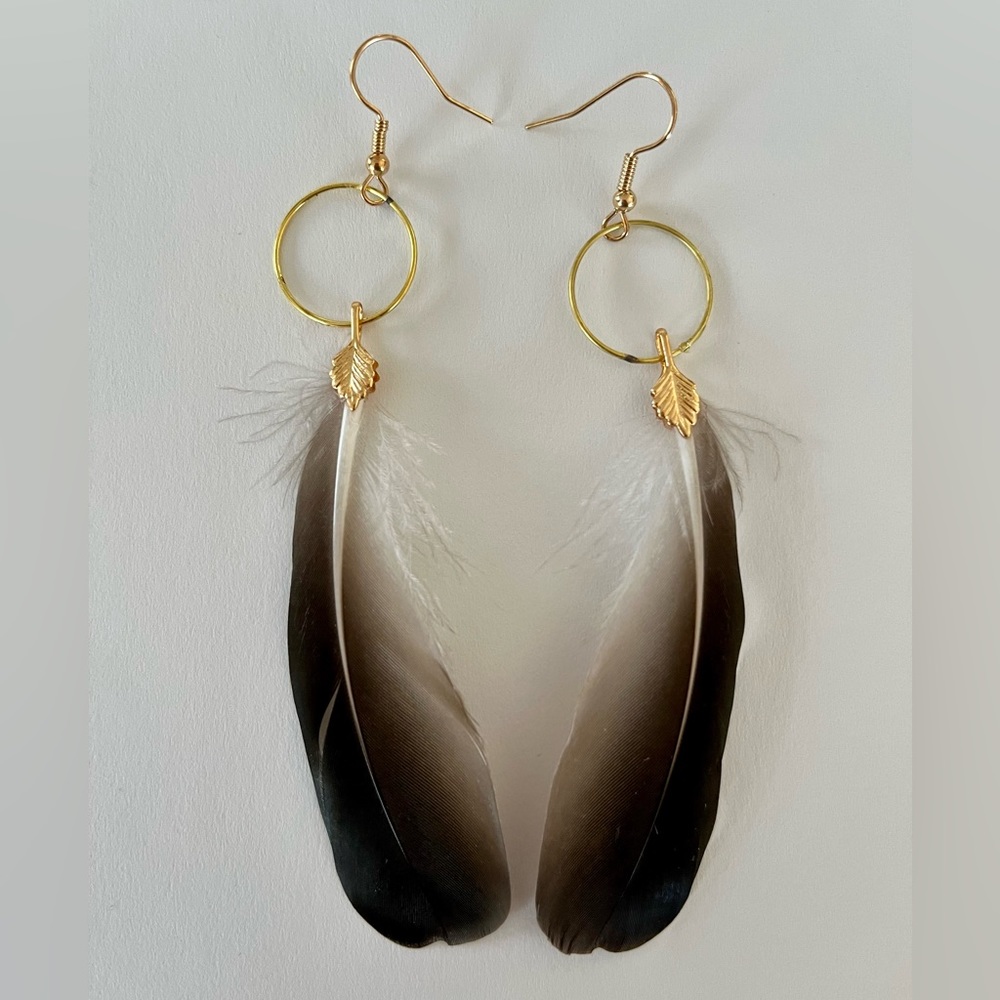 Boho feather earrings - duck feathers - gold plated brass - handcrafted